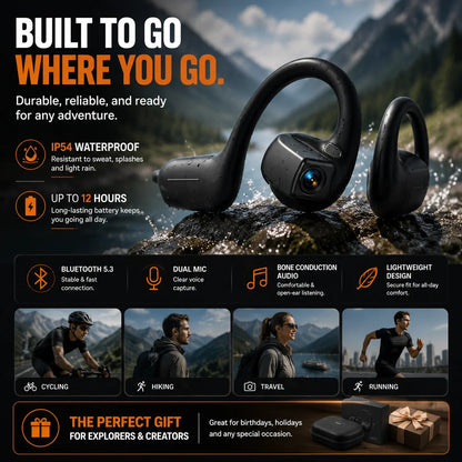 🏆 50K+ SOLD! 49% OFF🎧 8MP Smart Camera Open-Ear Headset – POV Video, Calls & AI Assistance 🎥⛺