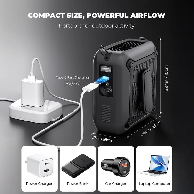 🔥Portable 5-in-1 High-Speed Waist Fan – 14500mAh Power Bank, 5 Speeds, LED Torch & Metal Clip