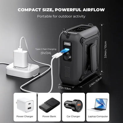 🔥Portable 5-in-1 High-Speed Waist Fan – 14500mAh Power Bank, 5 Speeds, LED Torch & Metal Clip