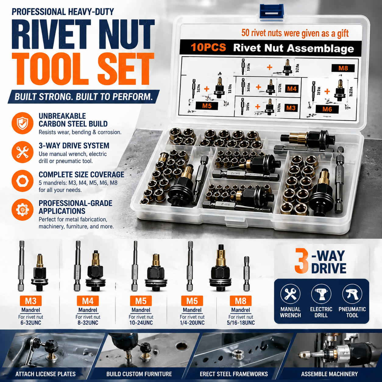 Professional Heavy-Duty Carbon Steel Rivet Nut Tool Set
