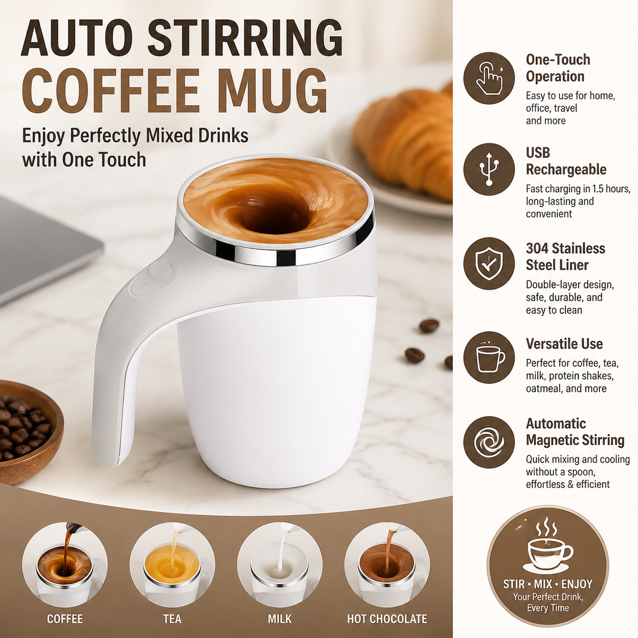 Self Stirring Mug – Rechargeable Magnetic Automatic Mixing Cup