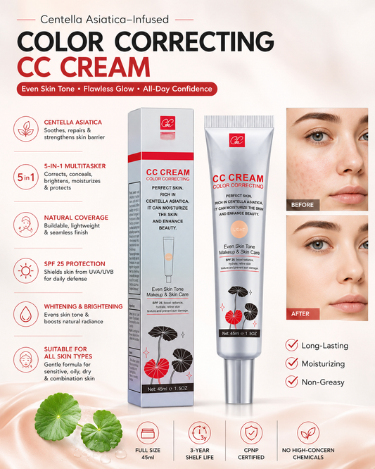 Color Correcting CC Cream with Centella - Lightweight Foundation with Whitening, BB Cream Coverage & Skin Repair in One