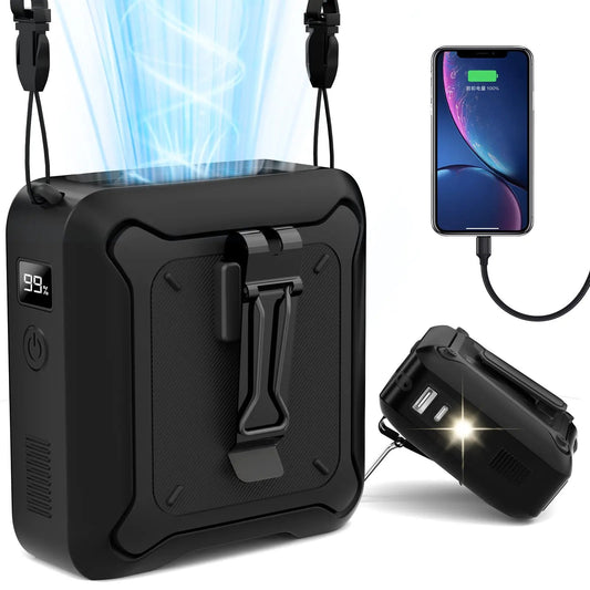🔥Portable 5-in-1 High-Speed Waist Fan – 14500mAh Power Bank, 5 Speeds, LED Torch & Metal Clip
