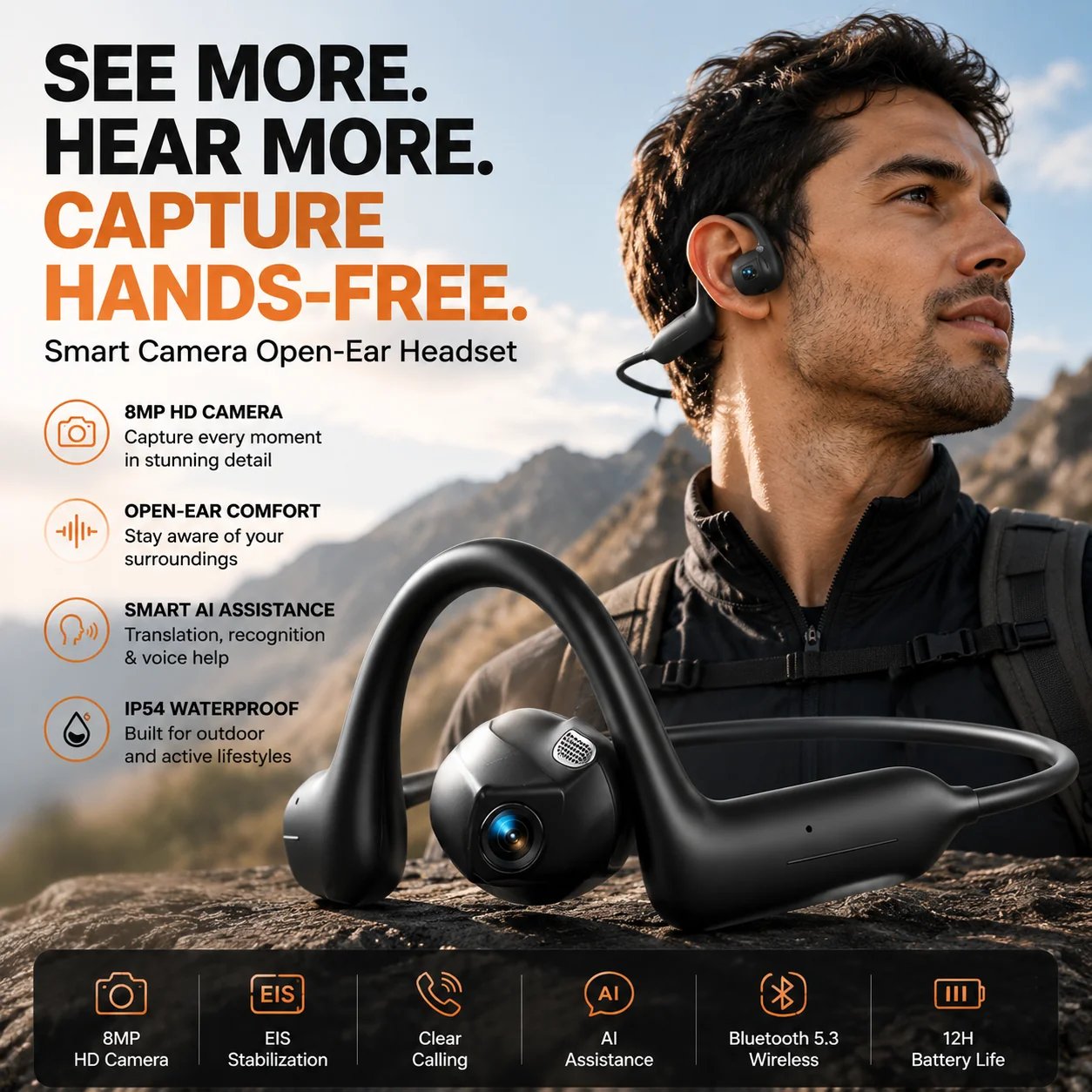 🏆 50K+ SOLD! 49% OFF🎧 8MP Smart Camera Open-Ear Headset – POV Video, Calls & AI Assistance 🎥⛺