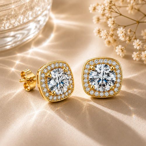 Halo Stud Earrings 4-Pack- Gold & Silver Round/Square Styles