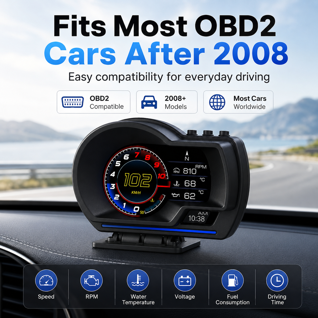 Car OBD2 + GPS Digital Display | Real-Time Vehicle Monitor & Smart Dashboard Gauge
