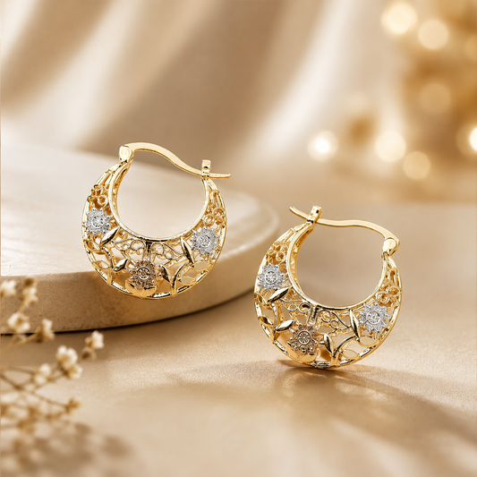🌸 Vintage 14K Gold Flower Hoop Earrings