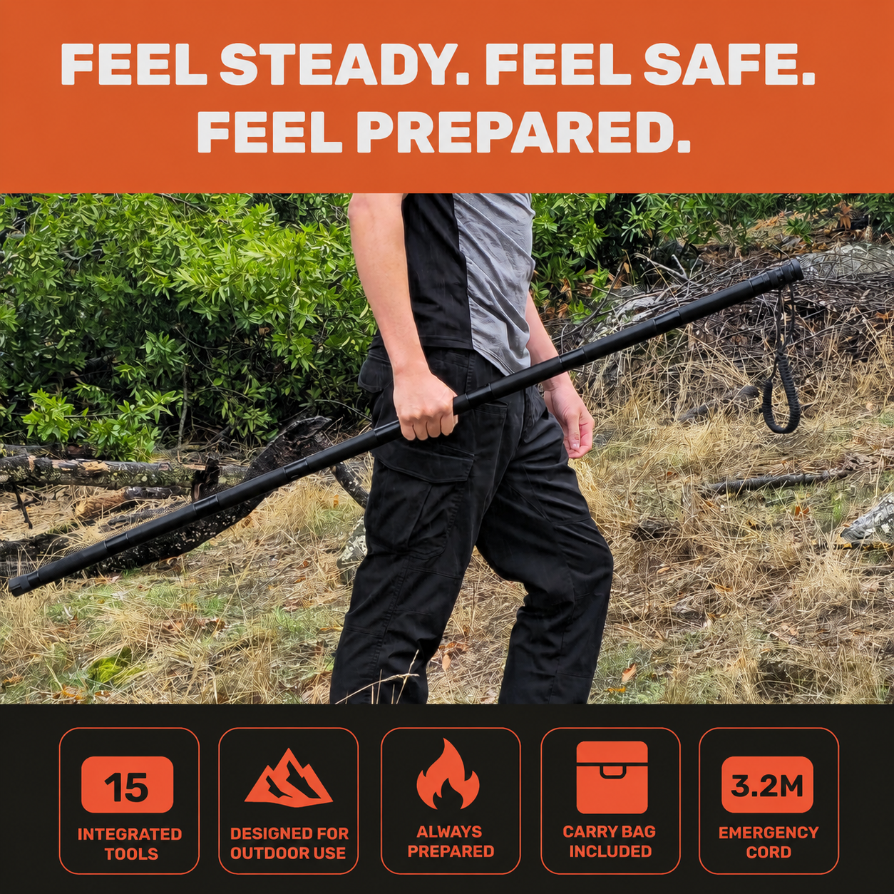 Multifunctional Tactical Hiking Stick - 15-in-1 Survival Multi-Tool for Outdoors