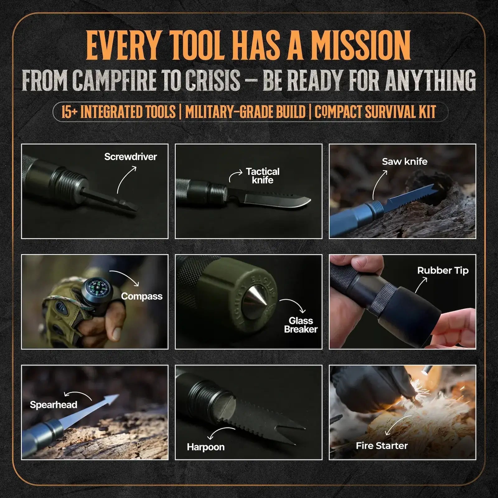Multifunctional Tactical Hiking Stick - 15-in-1 Survival Multi-Tool for Outdoors