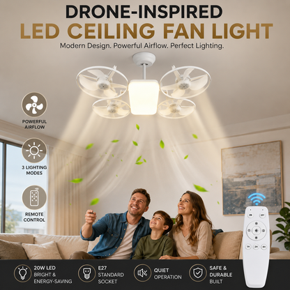 💡LED Ceiling Fan Light with Remote – Drone Design, 20W, 3 Lighting Modes, E27