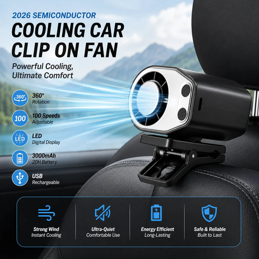 🔥2026 Semiconductor Cooling Car Clip On Fan - 360° Rotation