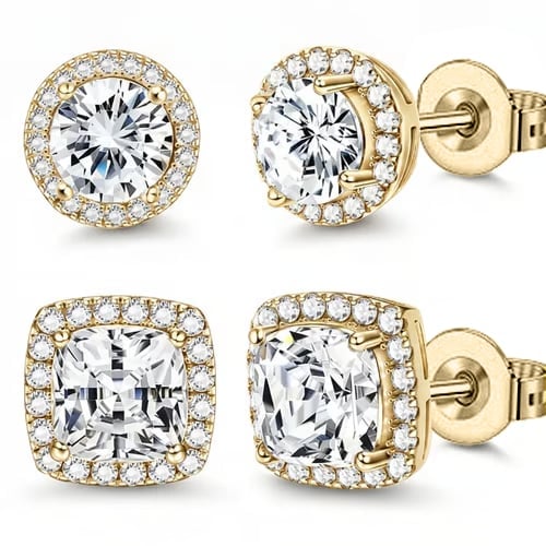 Halo Stud Earrings 4-Pack- Gold & Silver Round/Square Styles