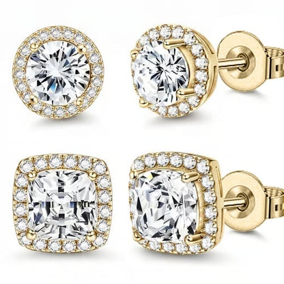 Halo Stud Earrings 4-Pack- Gold & Silver Round/Square Styles