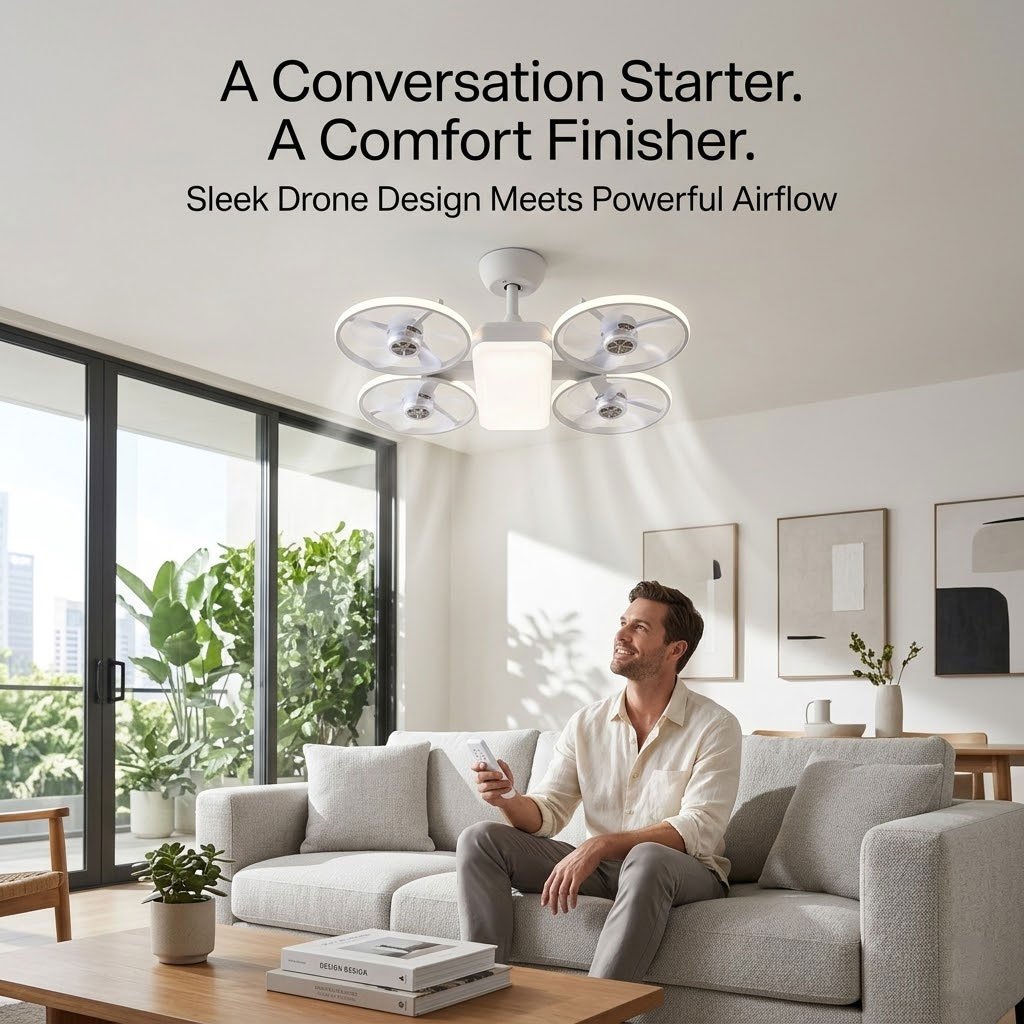 💡LED Ceiling Fan Light with Remote – Drone Design, 20W, 3 Lighting Modes, E27
