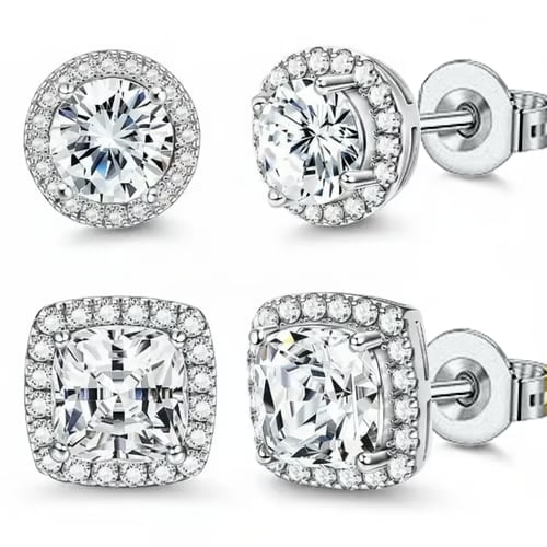 Halo Stud Earrings 4-Pack- Gold & Silver Round/Square Styles