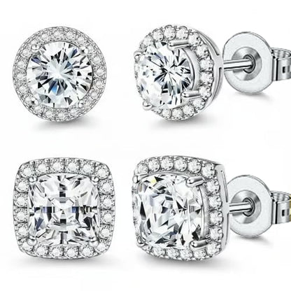 Halo Stud Earrings 4-Pack- Gold & Silver Round/Square Styles