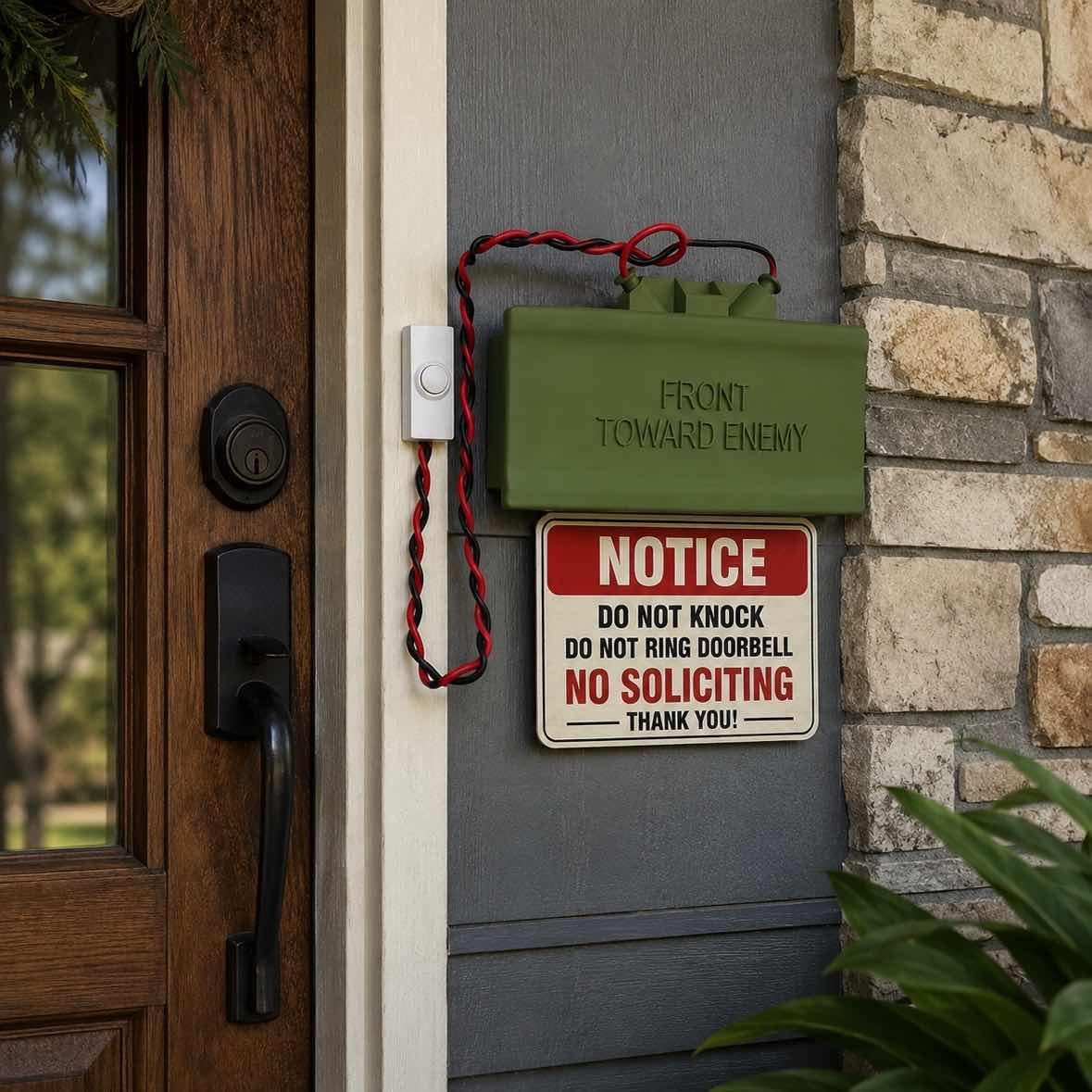😈 Fake Mine Doorbell Prank Sign – Funny “Front Toward Enemy” No Soliciting Doorbell Cover for Home Entryway & Delivery Driver Reactions