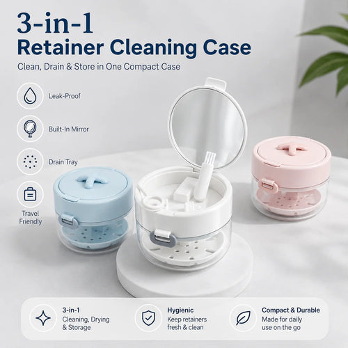3-in-1 Leak-Proof Retainer Cleaning Case with Mirror, Drain Tray & Travel Storage